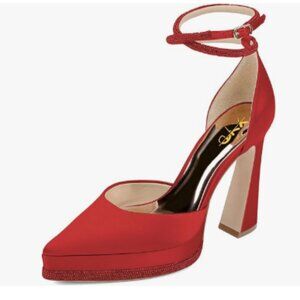 XYD Red Pointed Toe Platforms Crystal Ankle Wrap Strappy Block Heel Satin Pump